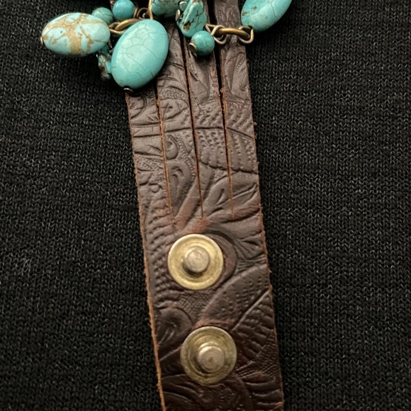 JENNY RABELL Turquoise Stone Charm, Hand Tooled Leather & Brass Adjustable Brace - Picture 9 of 14